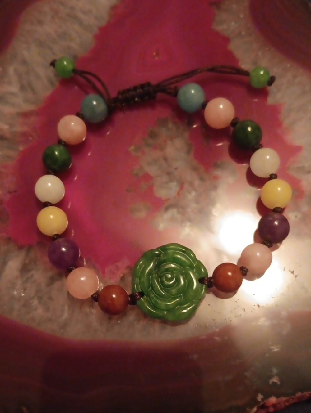 Multi Jade (D) 105.00 ctw Beaded with Carved Flower Bracelet (6-9In)